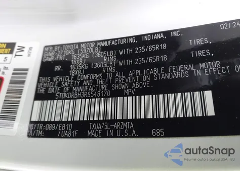 2024 Toyota Highlander Xle z USA, uszkodzony, nr VIN 5TDKDRBH3RS548170